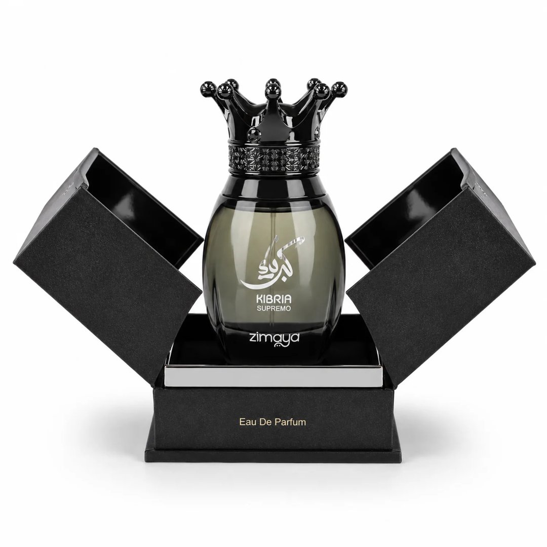 Zimaya Kibria Supremo — Black textured box and black crown-topped perfume bottle with Arabic calligraphy and 'KIBRIA SUPREMO' text.