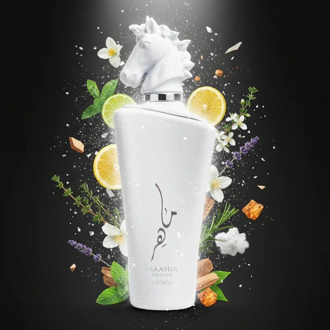 Lattafa Maahir Honor 100ml by Lattafa — White perfume box with a sculpted white horse head in an arched niche, Arabic calligraphy design, and brand text. | Kotak minyak wangi putih dengan kepala kuda putih berukir dalam niche melengkung, reka bentuk kaligrafi Arab, dan teks jenama.