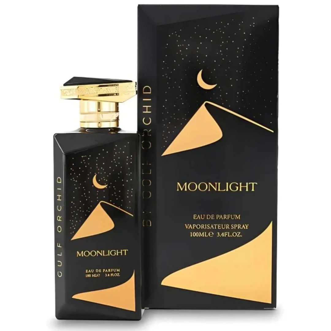 Gulf Orchid Moonlight Eau De Parfum — Black bottle with gold desert dunes and crescent moon design, gold cap | Gulf Orchid Moonlight Eau De Parfum — Botol hitam dengan reka bentuk bukit pasir emas dan bulan sabit, penutup emas