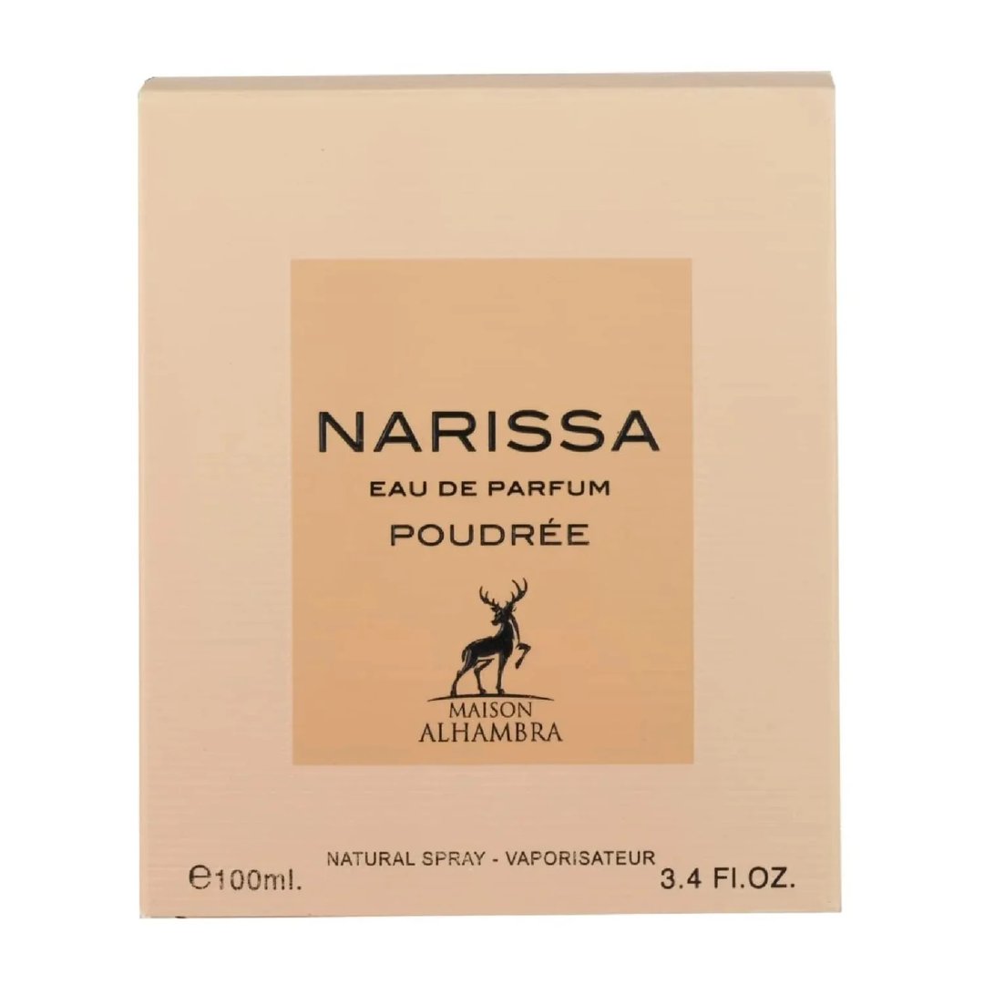Maison Alhambra Narissa Poudree 100ml — A square, peachy-pink perfume bottle with a black cap sits next to its matching box, both featuring a deer silhouette logo and text. | Maison Alhambra Narissa Poudree 100ml — Botol minyak wangi berbentuk segi empat, berwarna merah jambu pic dengan penutup hitam duduk