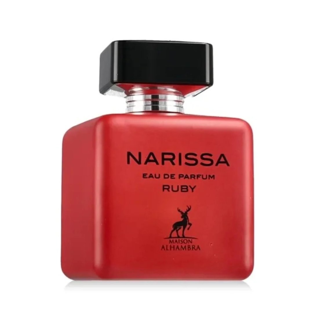 Maison Alhambra Narissa Ruby Rouge Maison Alhambra 100ml — A red perfume bottle and its matching red box are displayed against a white background. | Maison Alhambra Narissa Ruby Rouge Maison Alhambra 100ml — Sebotol minyak wangi merah dan kotak merah yang sepadan dipaparkan berlatarkan putih.