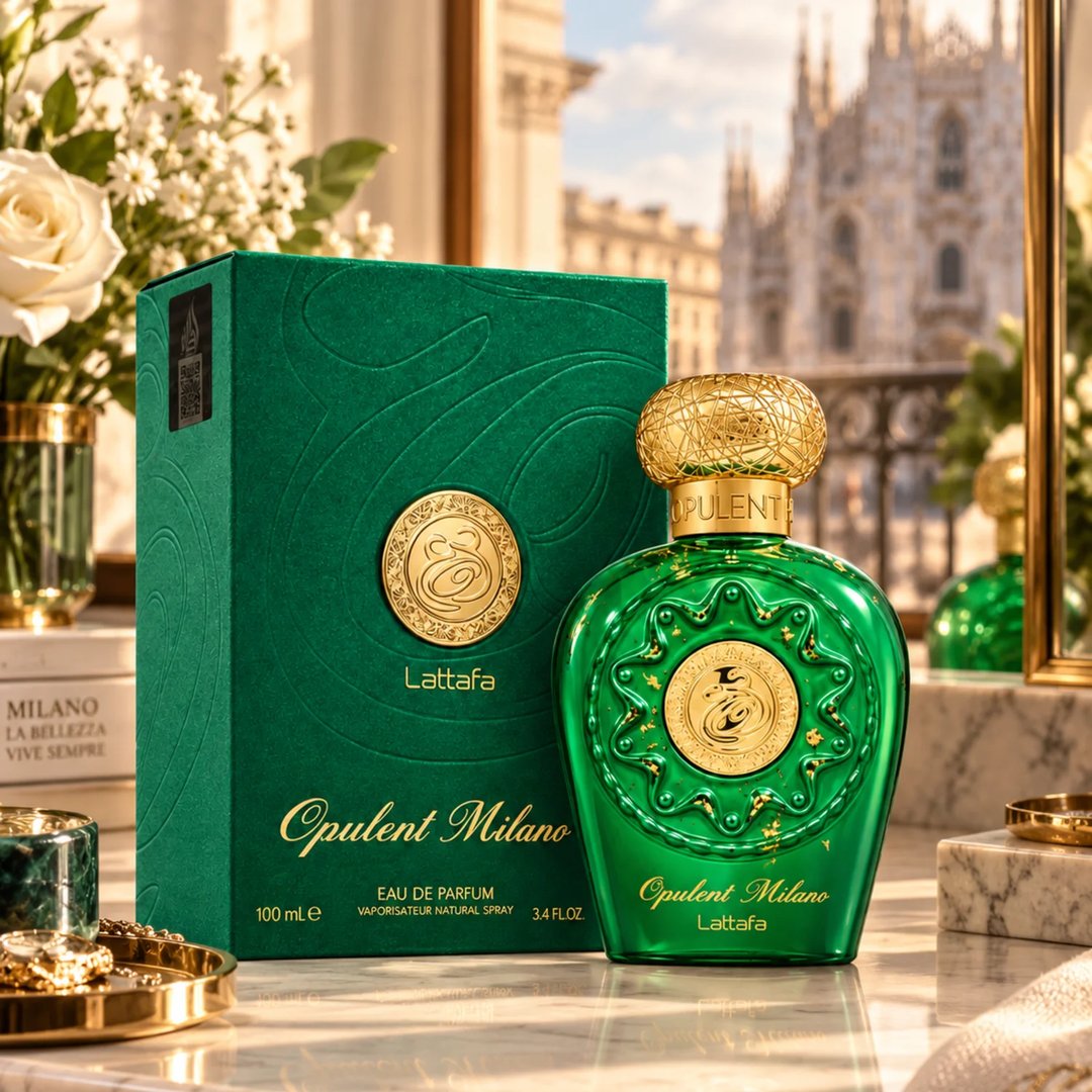 Lattafa Opulent Milano — Green glass perfume bottle with ornate gold cap and embossed gold emblem, next to a matching green textured box with gold emblem.