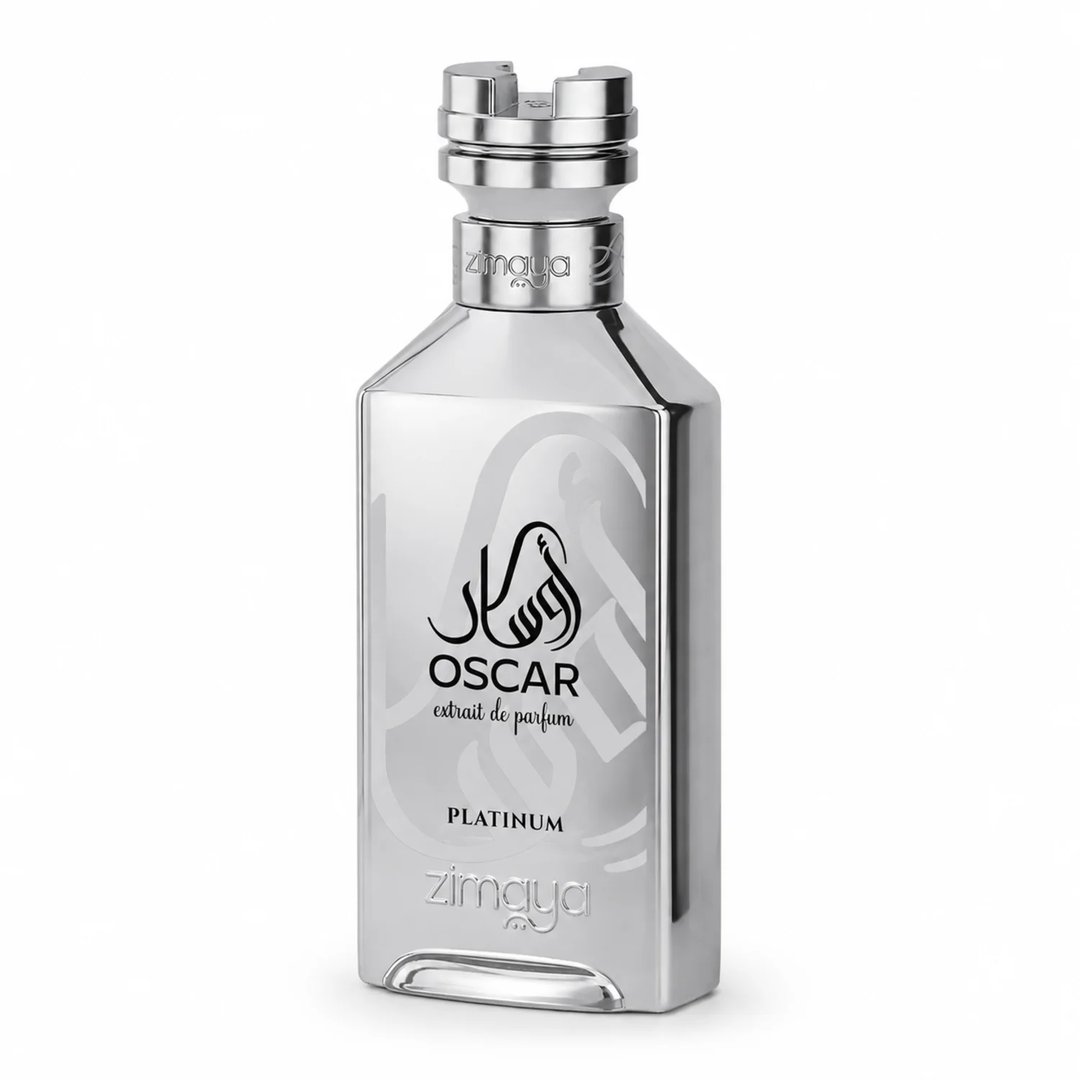 Zimaya Oscar Platinum — Silver perfume bottle and its grey textured box packaging, both featuring black Arabic calligraphy and text.