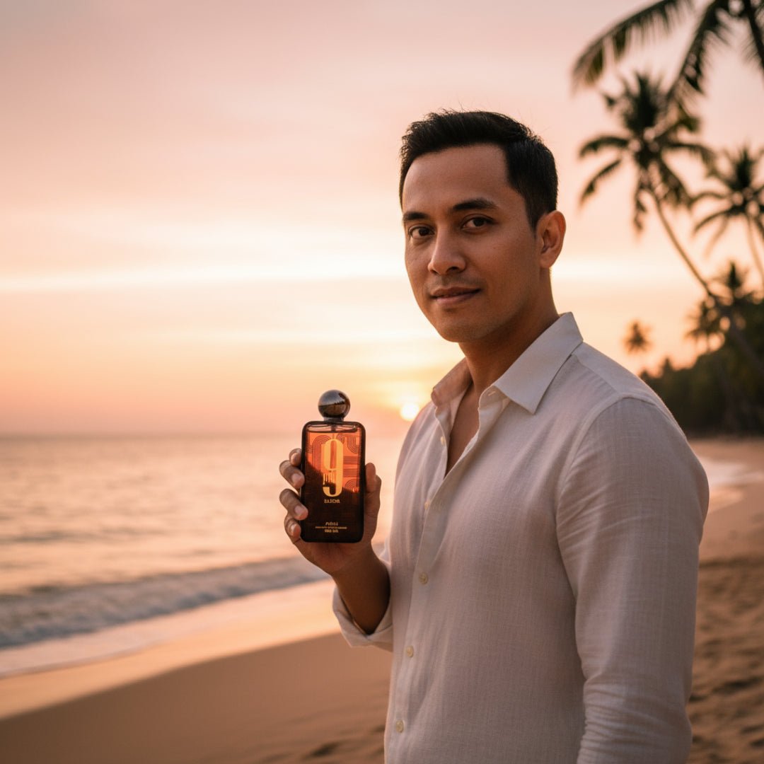 Malay man perfume lifestyle shot at Langkawi beach, soft warm sunset, romantic masculine tone.