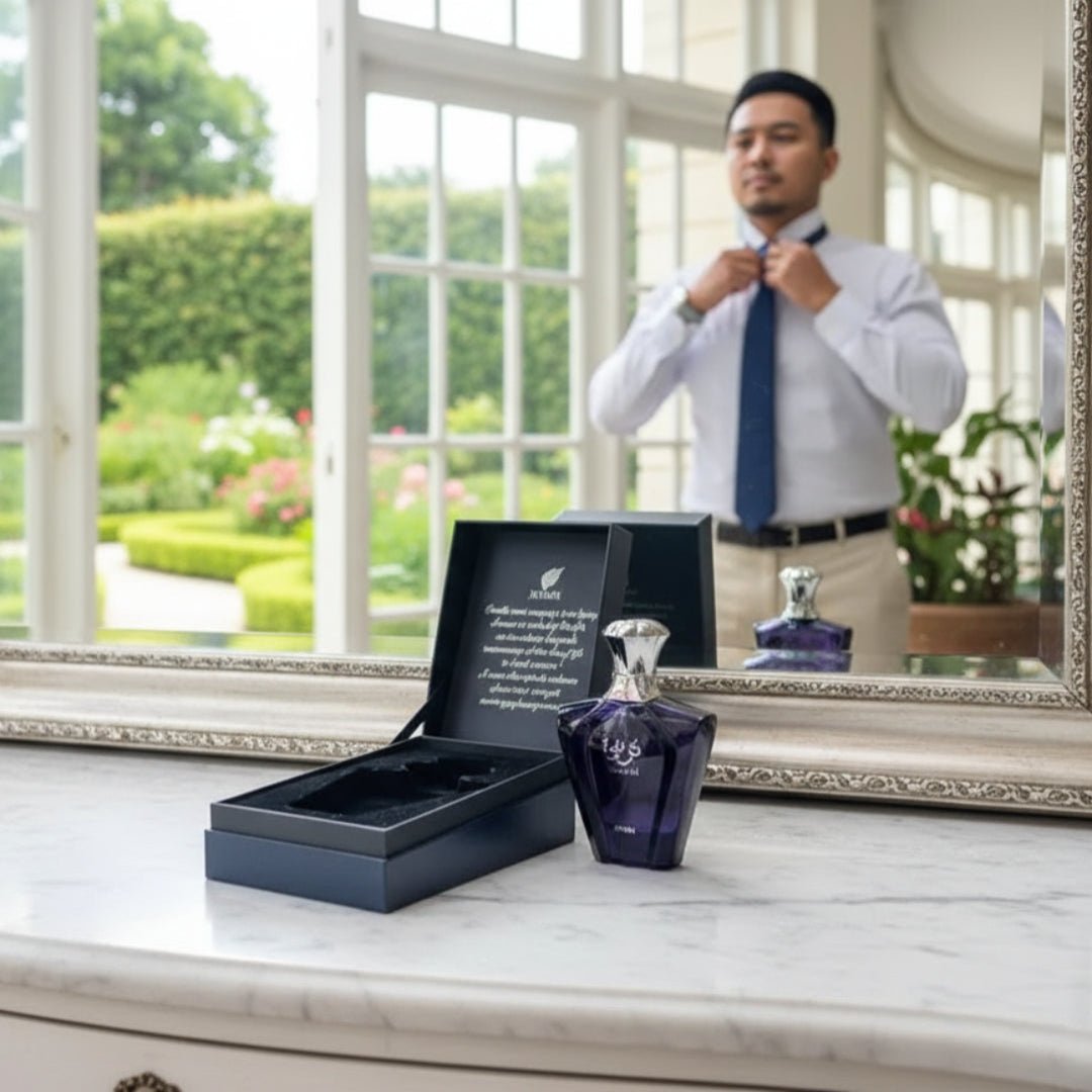 Haruman premium Turathi Blue Afnan – Man adjusting his tie in front of a mirror with a blue perfume bottle and packaging on a table.