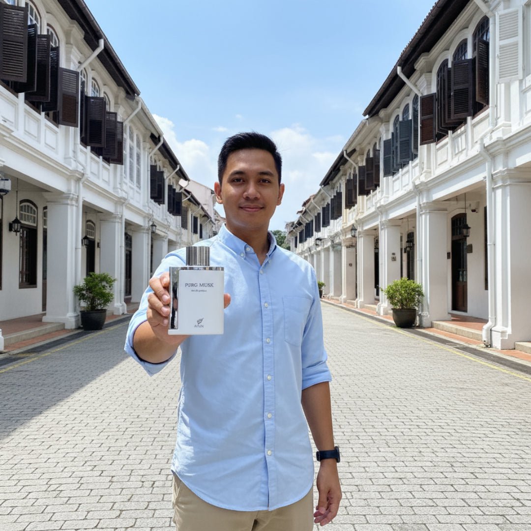 Pure Musk Afnan with Malay man at Penang Georgetown white heritage street clean vibe