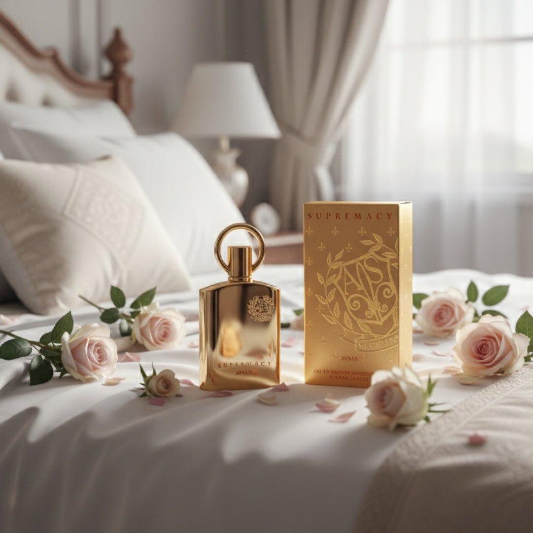 Supremacy Gold atas katil dengan bunga ros merah jambu gaya feminin Malaysia
