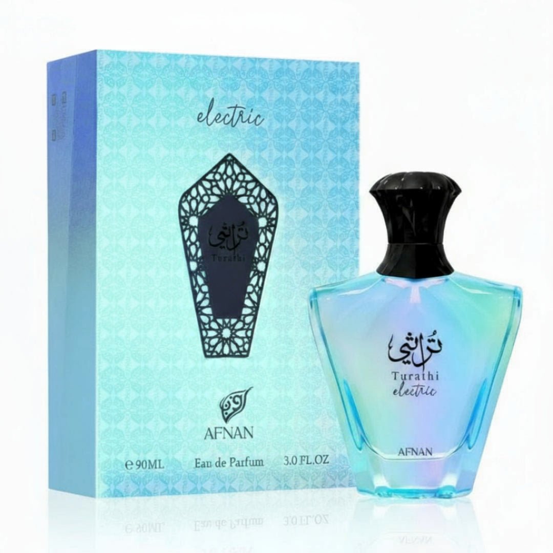 Box dan botol Turathi Electric Afnan fragrance unisex vibe fresh energetic untuk lelaki dan wanita Malaysia