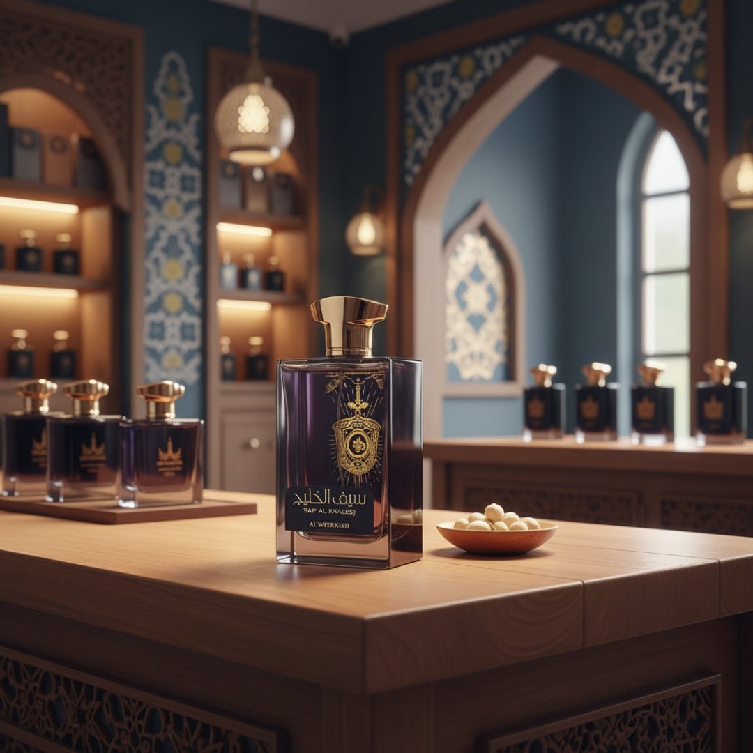 Perfume bottle on a wooden surface with decorative background
