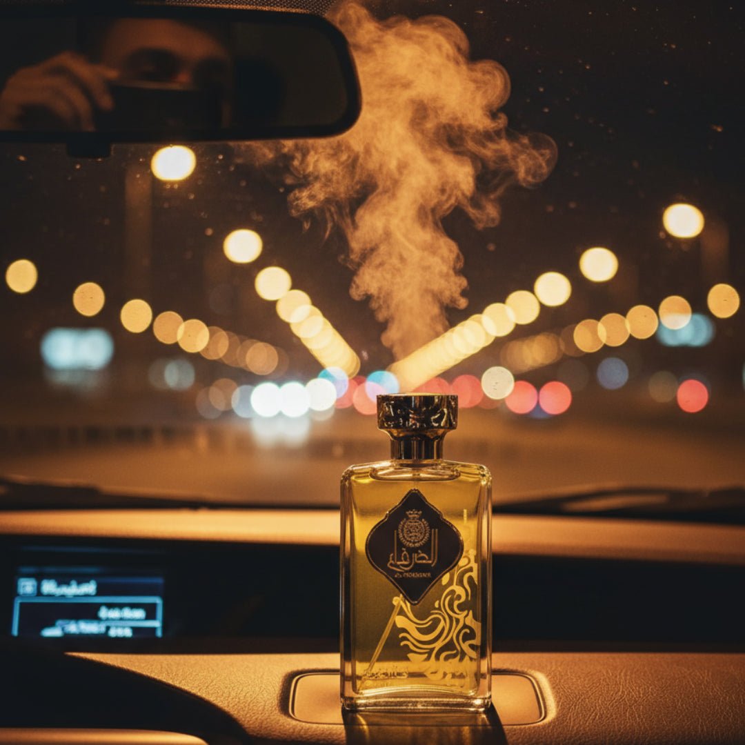 Men perfume bottle on car dashboard at night with vanilla mist and Kuala Lumpur city lights – Al Dirgham men fragrance Malaysia