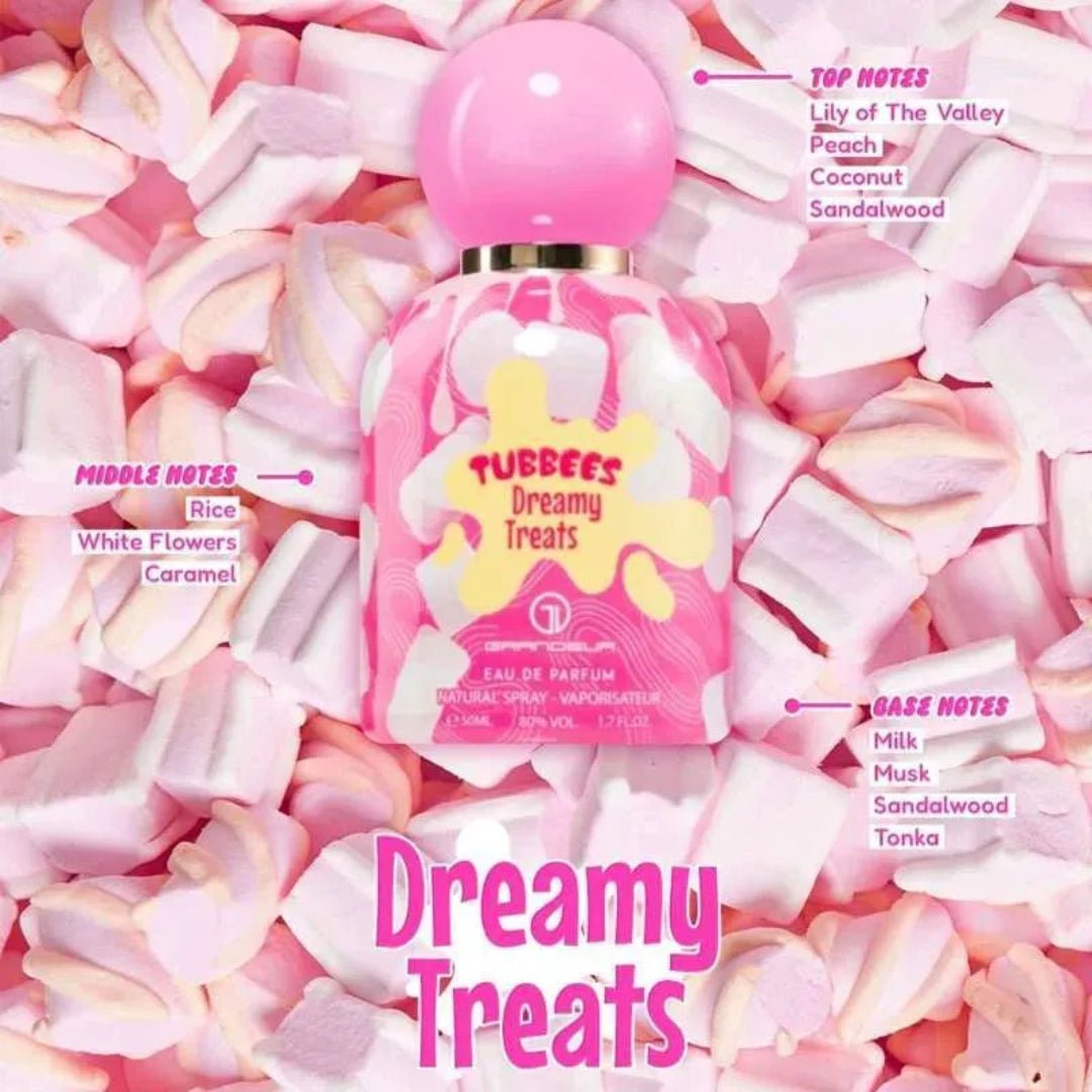 Fubbees Dreamy Treats perfume bottle on a bed of pink marshmallows with flavor notes text.