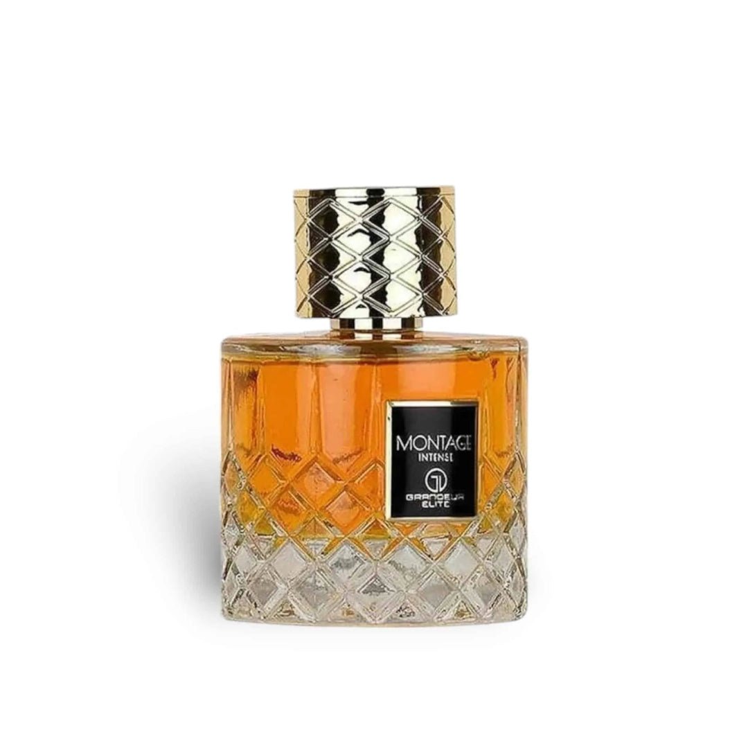 Perfume bottle with diamond pattern and gold cap on a white background
