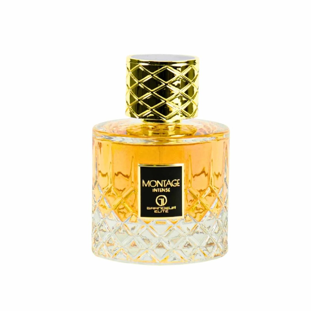 Perfume bottle with gold cap and textured glass body on a white background