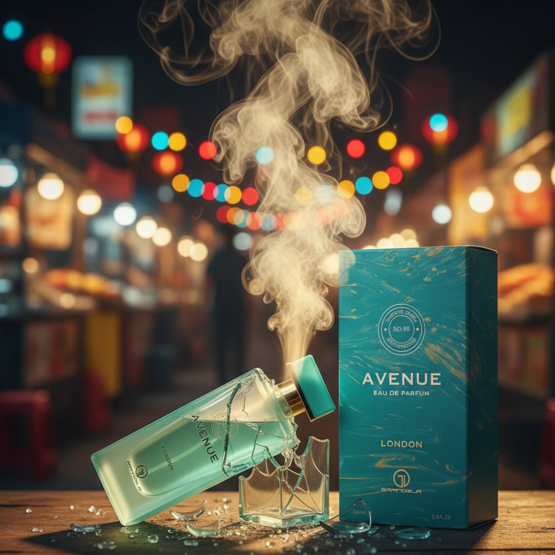 Avenue London EDP 100ml perfume by Grandeur – bottle and box front view – original Malaysia. Minyak wangi Avenue London 100ml botol dan kotak.