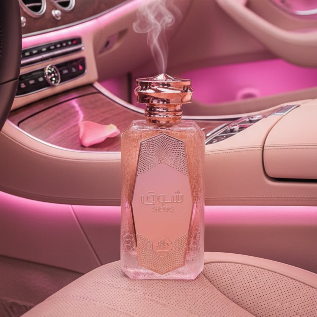 Shouq Pink dalam kereta dengan pencahayaan pink lembut