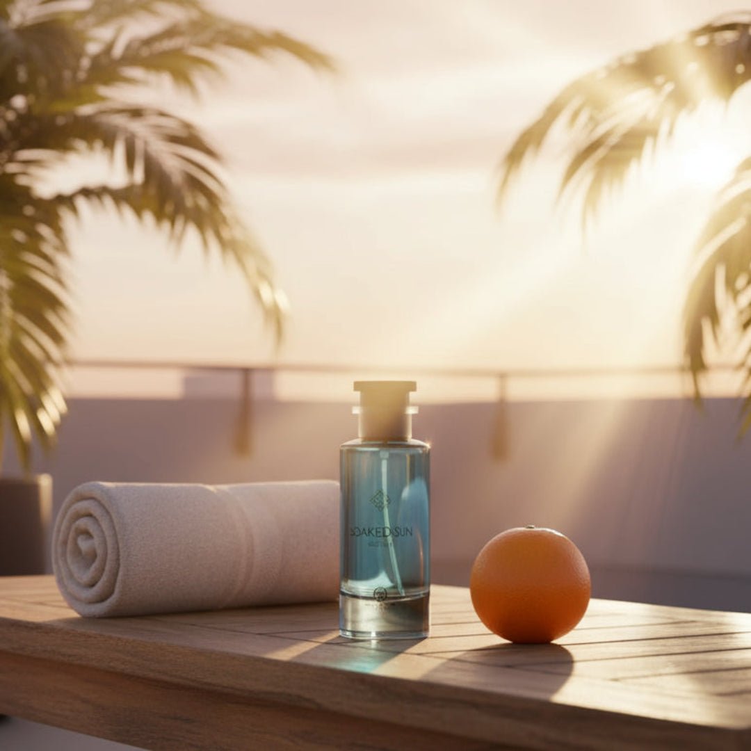 Men’s perfume bottle and box on teak bench rooftop terrace in Malaysia with gym towel and citrus fruit – fresh energetic fragrance