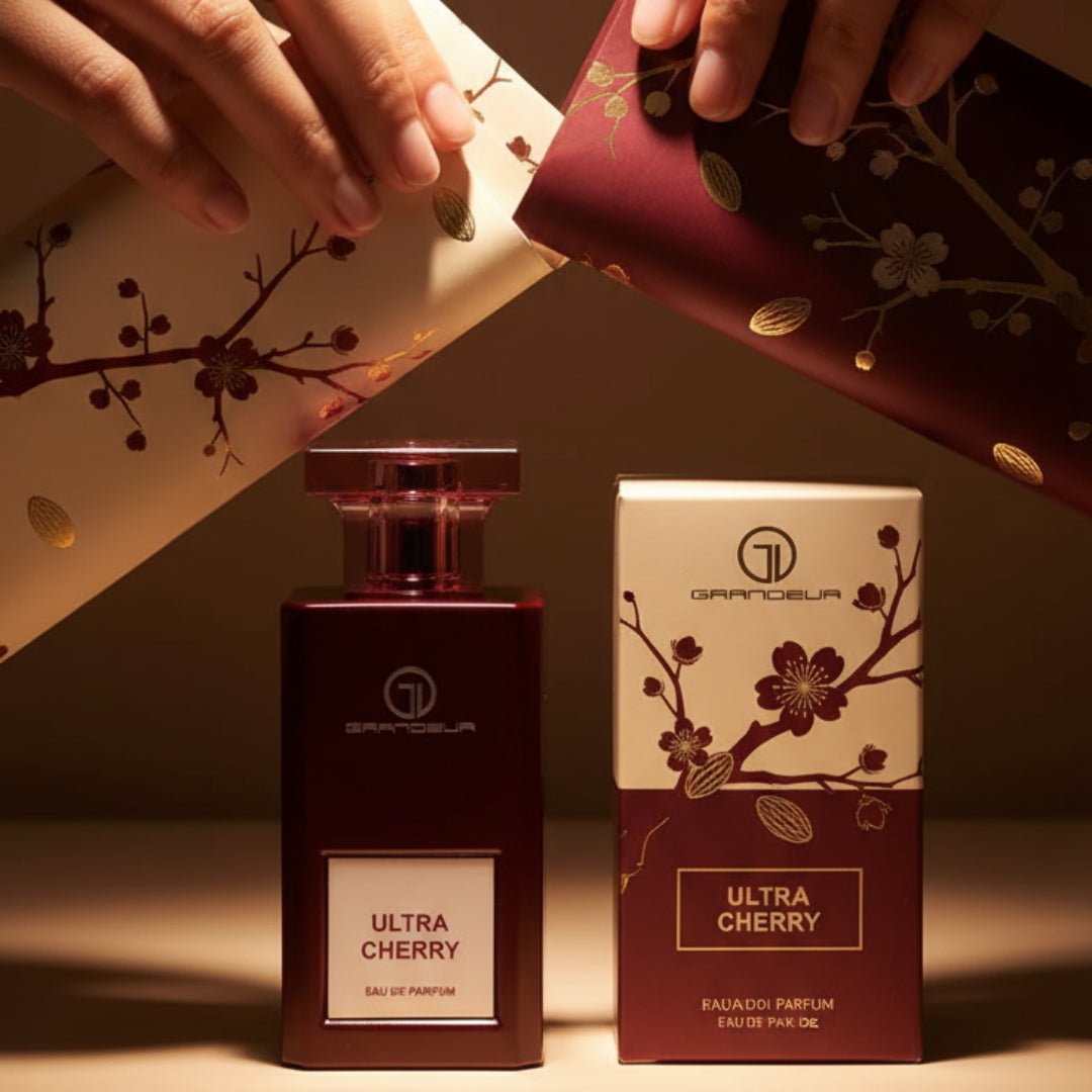 Malaysian woman opening a luxury gift to reveal Ultra Cherry bottle and box; gold cherry‑almond motifs; warm spotlight, sharp product.