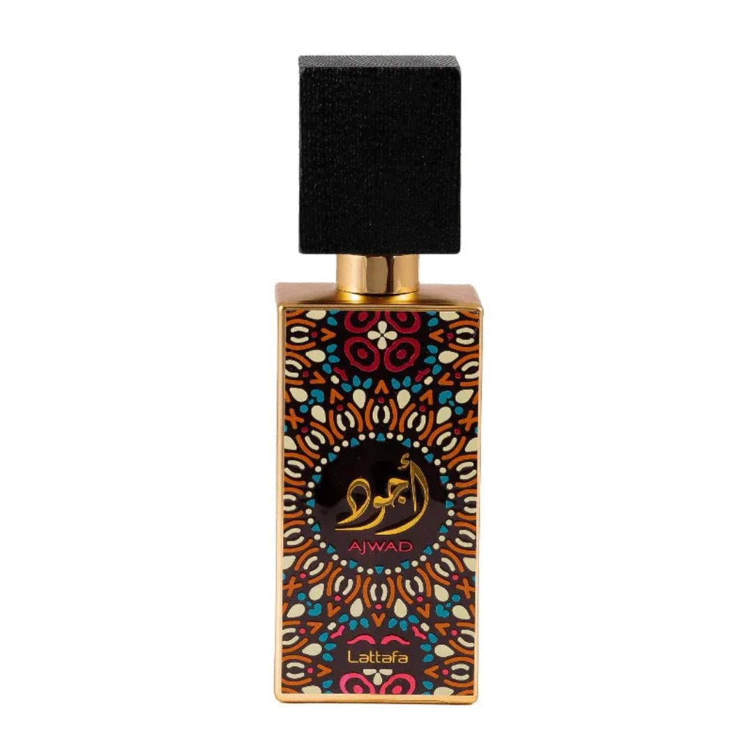 Perfume bottle with colorful design and black cap on a white background