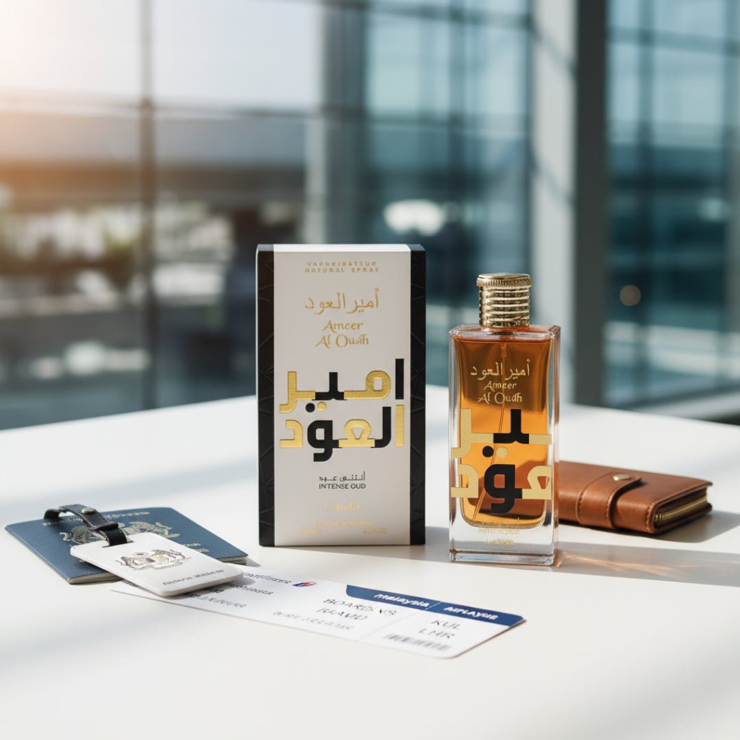 Ameer Al Oudh Intense Oud di KLIA bersama pasport – gaya travel Malaysia