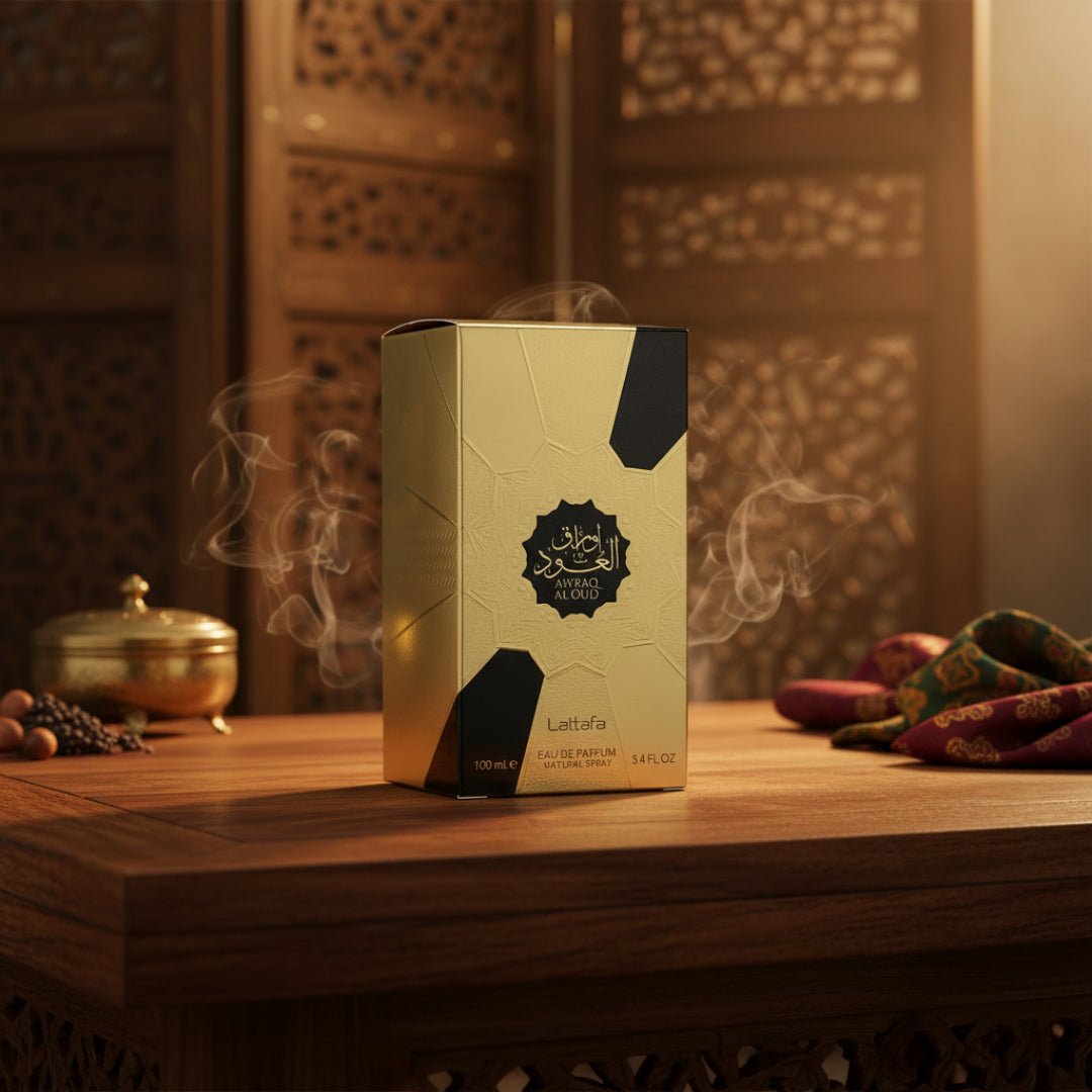 Awraq Al Oud Spicy Vanilla atas meja kayu oud – vibe oriental masculine Malaysia