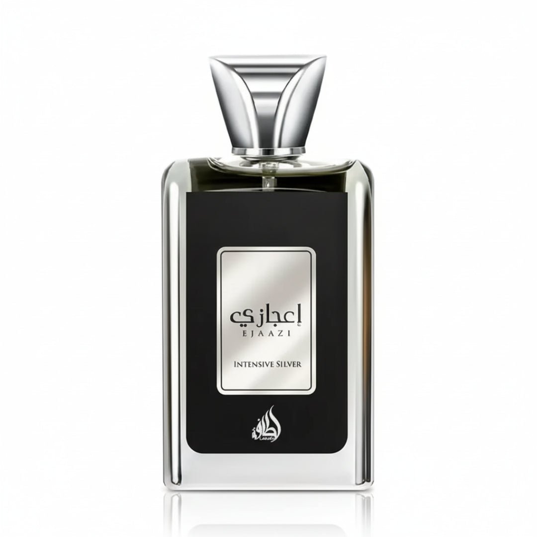 Perfume bottle with silver cap and black body on a white background