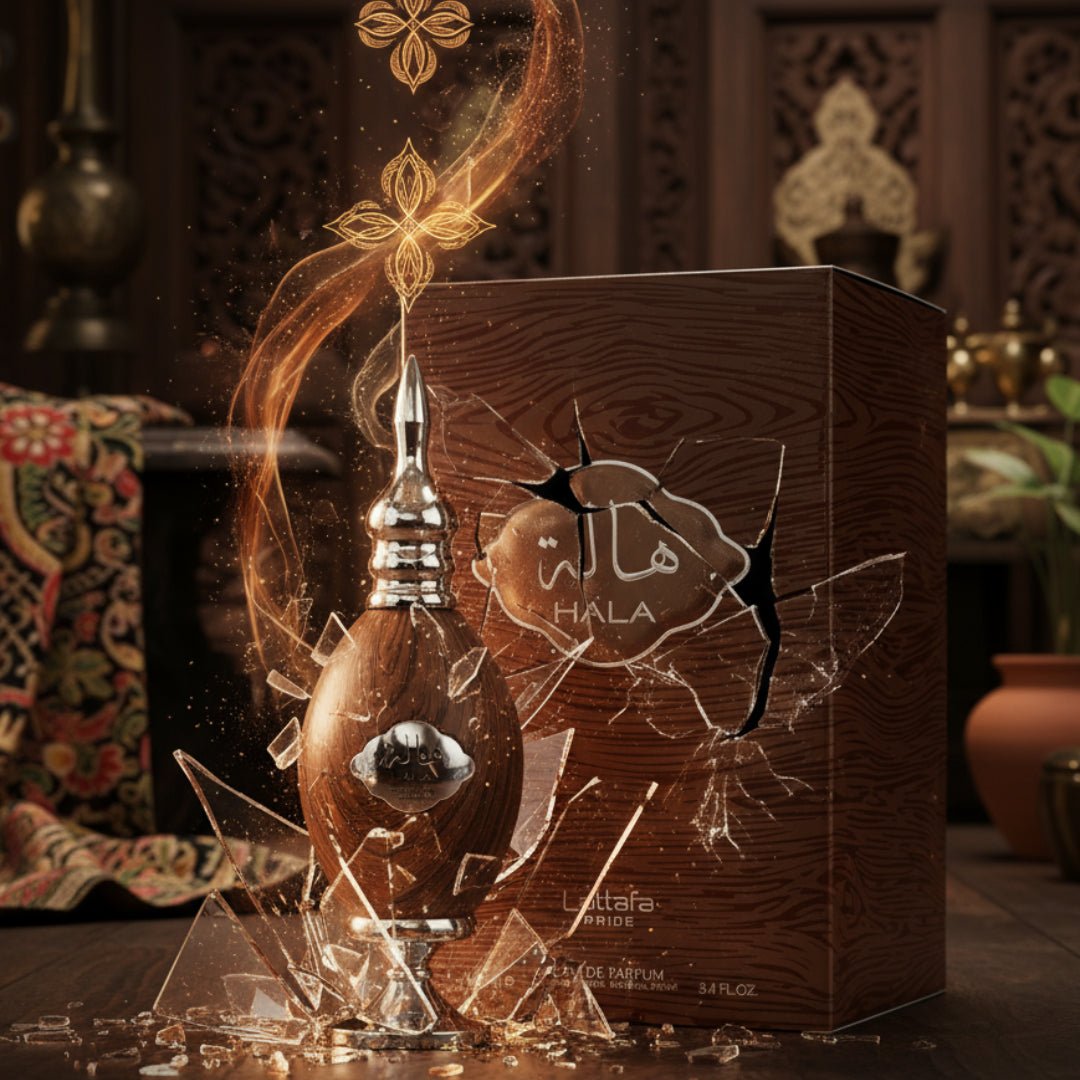Hala Lattafa perfume bottle and packaging on a white background