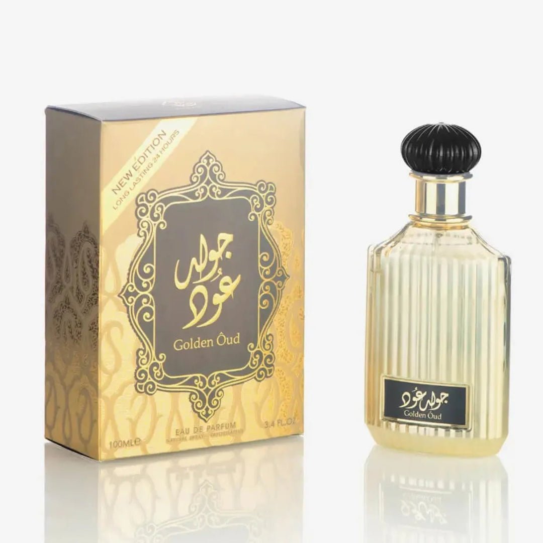 Perfume bottle and packaging of Golden Oud on a white background