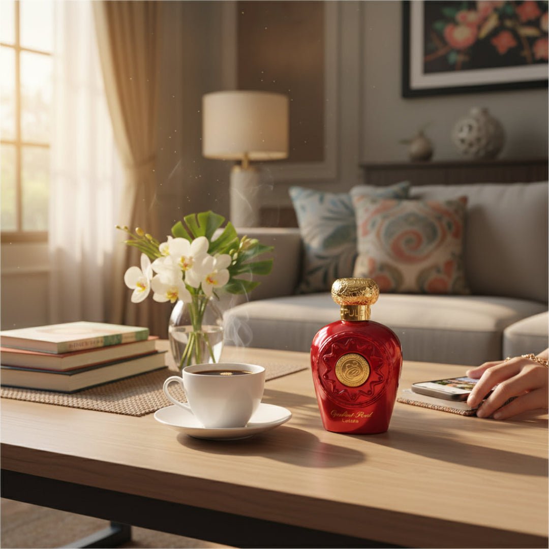 Opulent Red atas meja kopi pagi, gaya wanita Malaysia