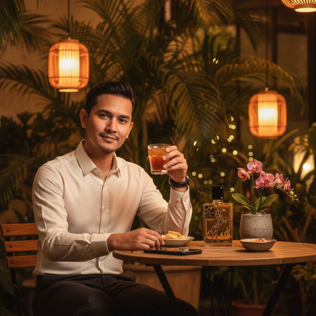 Lelaki Melayu dengan Oud Lail Maleki di kafe outdoor – suasana malam hangat Malaysia
