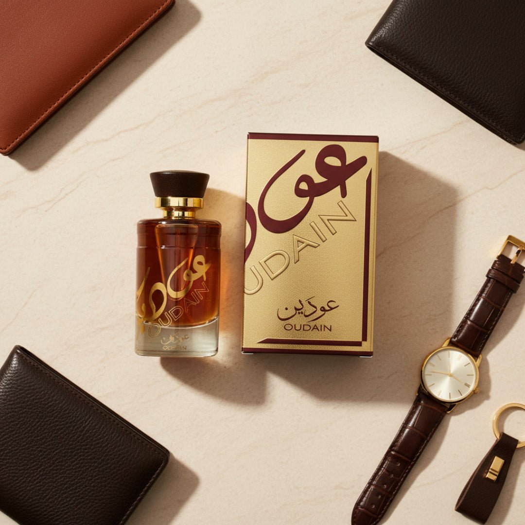 flatlay Oudain Lattafa perfume lelaki kulit jam tangan Malaysia