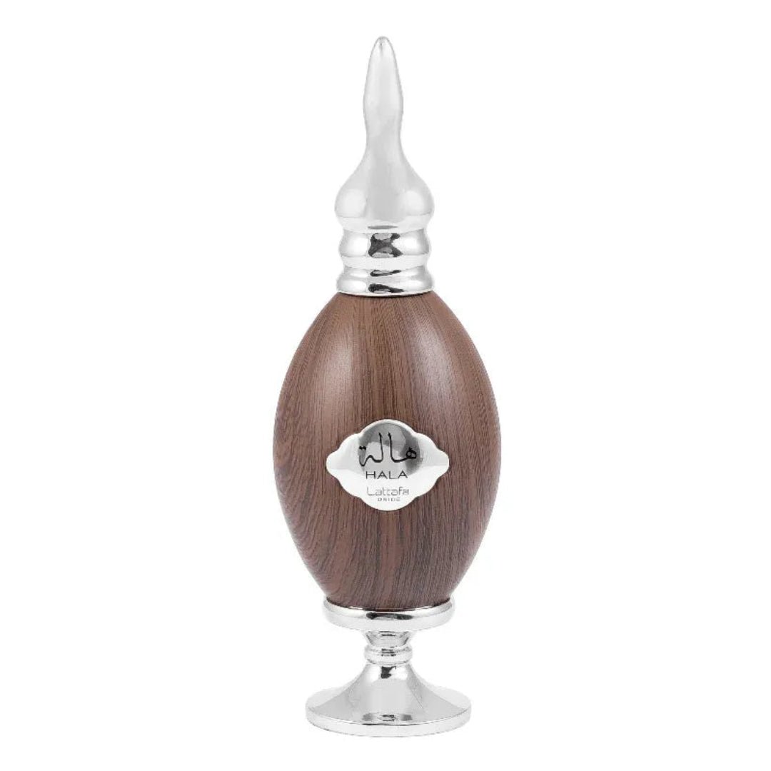 Wooden bottle with silver cap and base on a white background