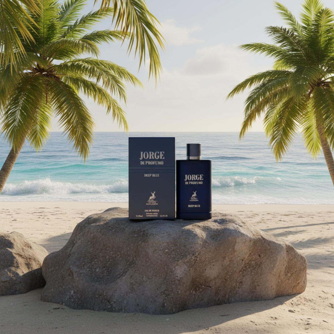 Deep Blue 100 ml by Jorge Di Profumo – on rock at Pantai Cenang Langkawi, soft sea breeze, warm sunlight, tropical Malaysia marine mood.
