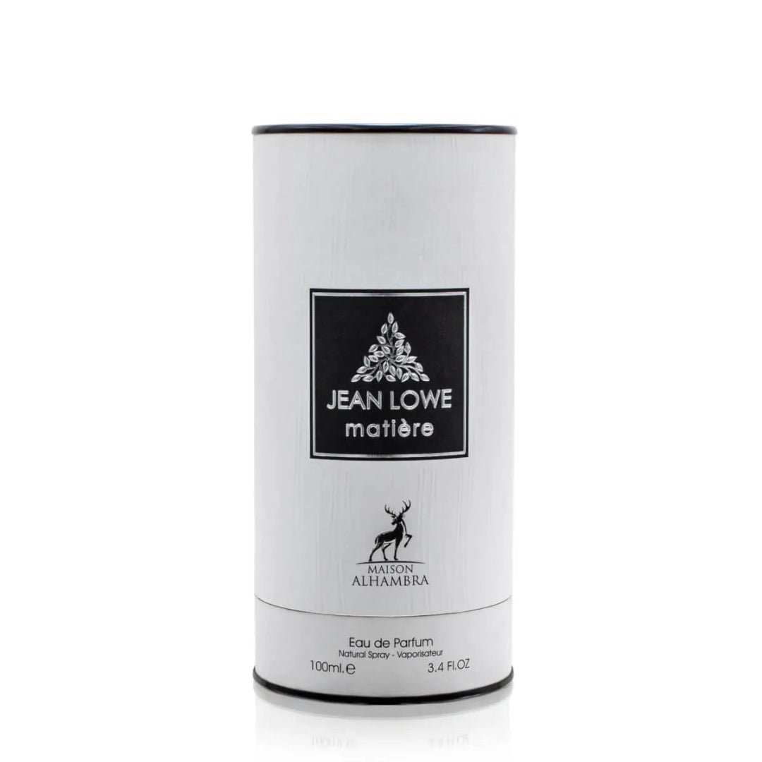 White cylindrical container with black text and logo on a white background