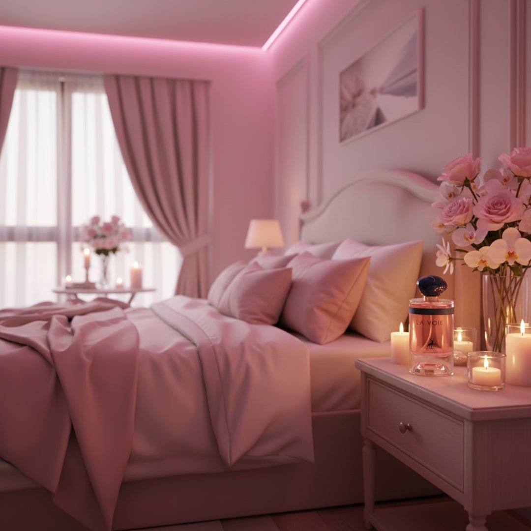La Voie di bilik tidur dengan cahaya pink – perfume romantik Malaysia