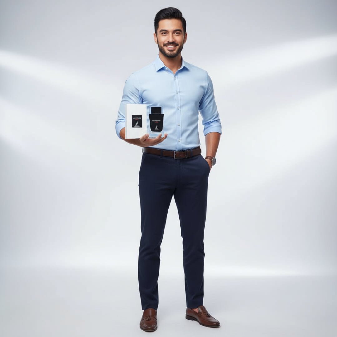 Perfume bottle and packaging of 'Dark Door Sport' by Maison Alhambra on a white background