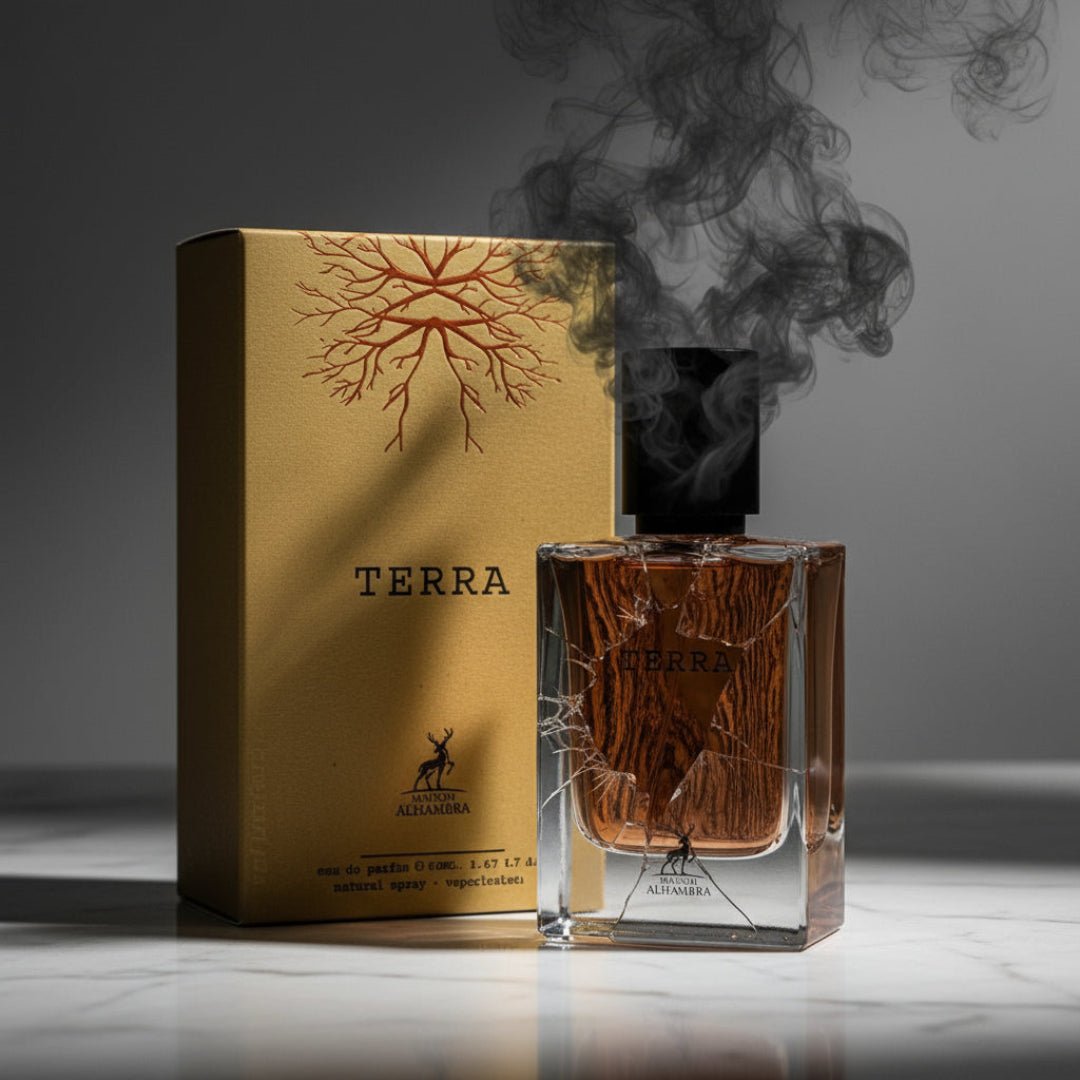 Terra Perfume Perfume bottle broken, wood fog emerging; studio on white marble Malaysia — clear bottle and box, cinematic lighting