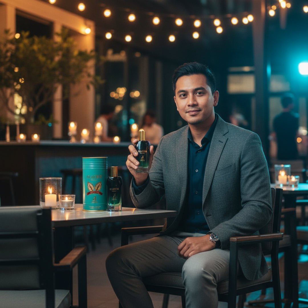 Malay man at outdoor KL café at night holding Glacier Bold, warm café light mixed with icy blue tones, classy lifestyle mix