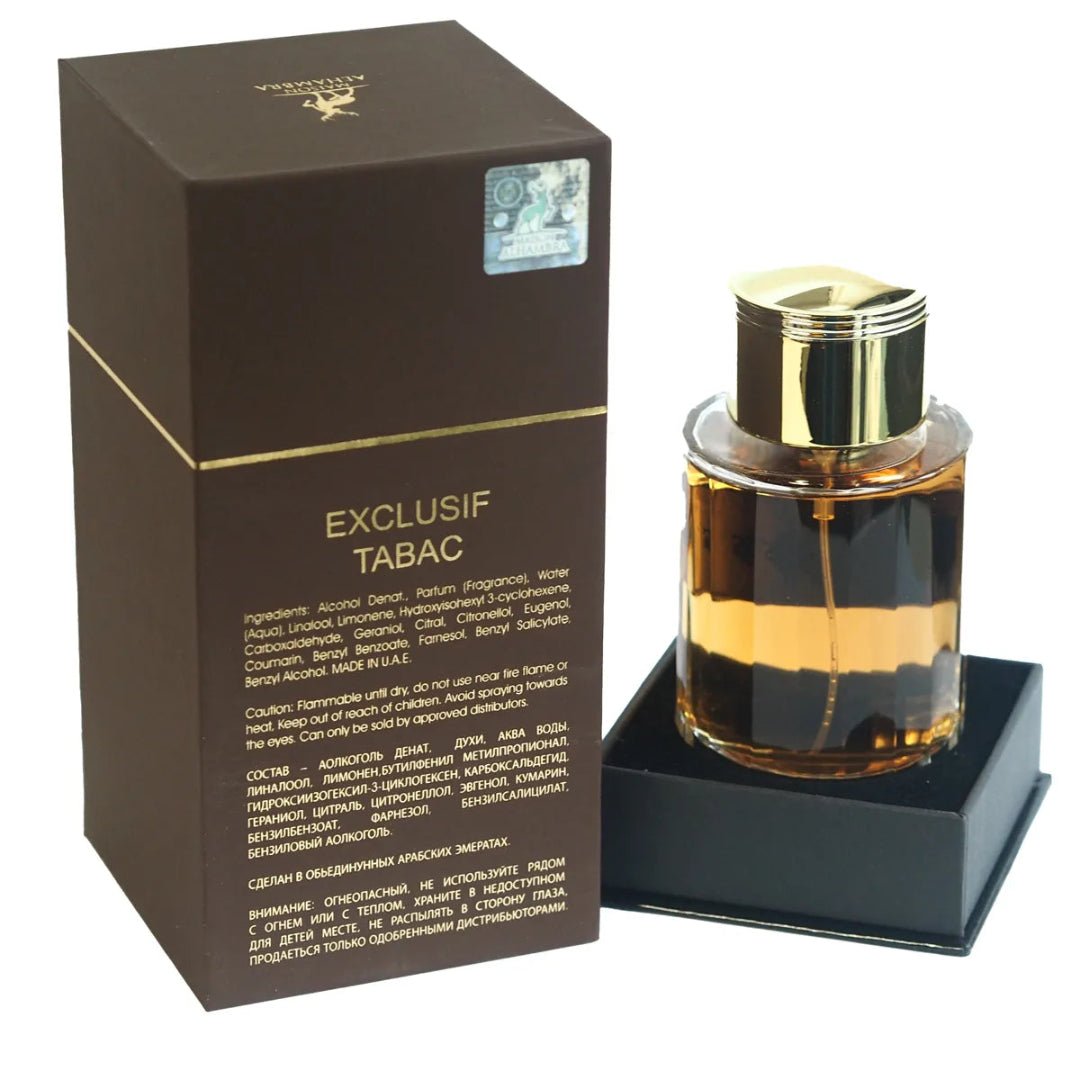 Perfume bottle labeled 'Exclusif Tabac' with its packaging on a white background