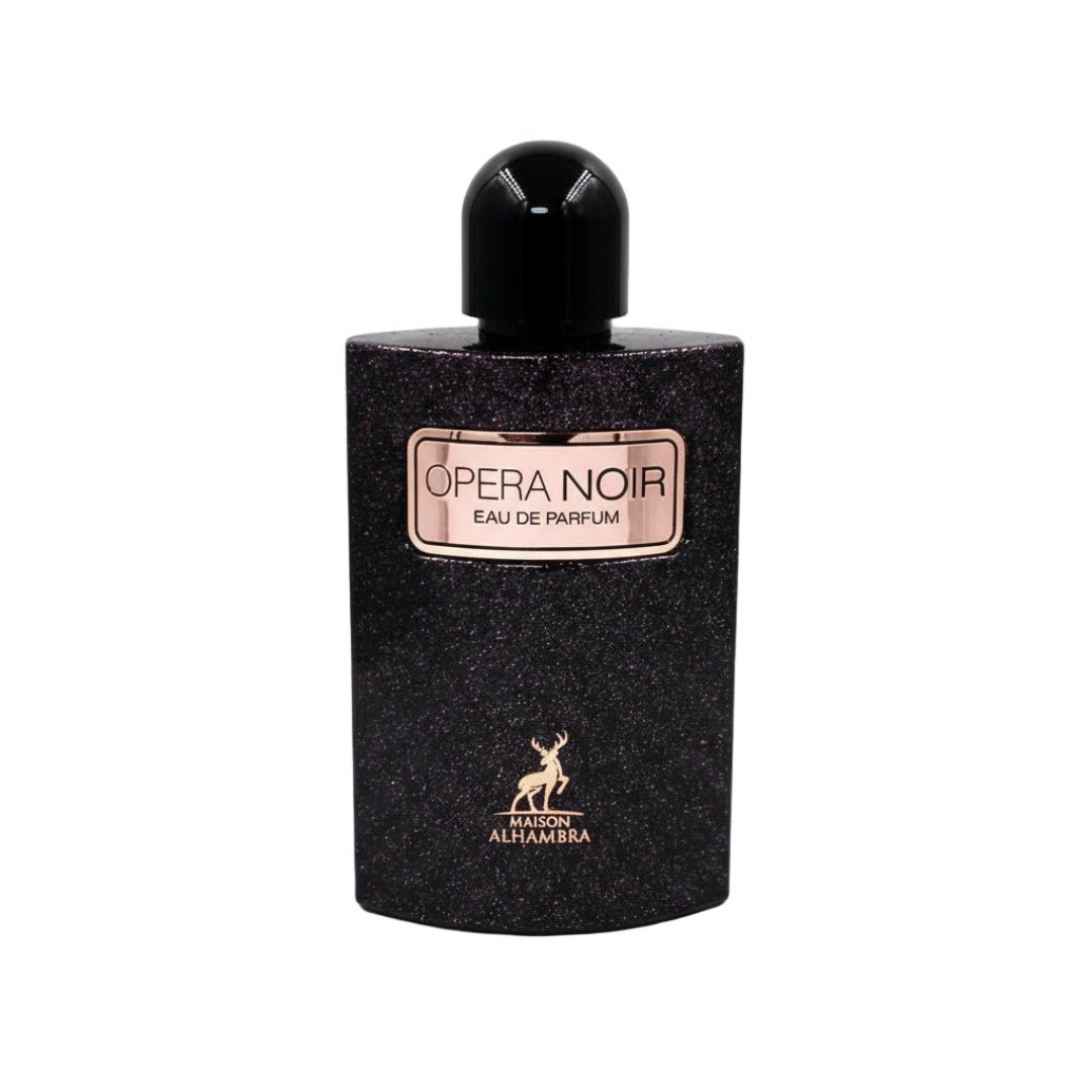 Black perfume bottle labeled 'Opera Noir' by Maison Alhambra on a white background