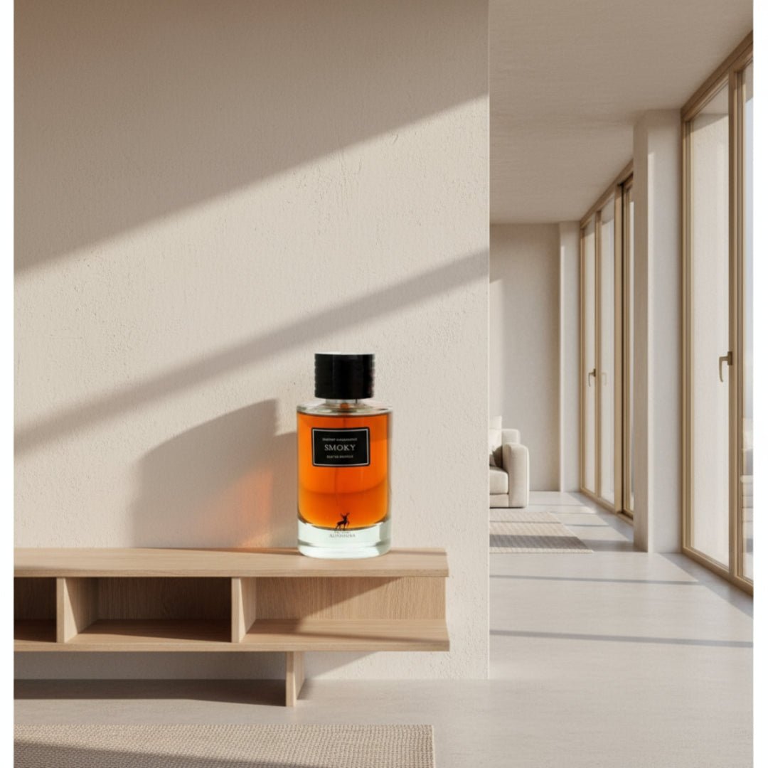 Perfume bottle labeled 'Smoky' on a white background