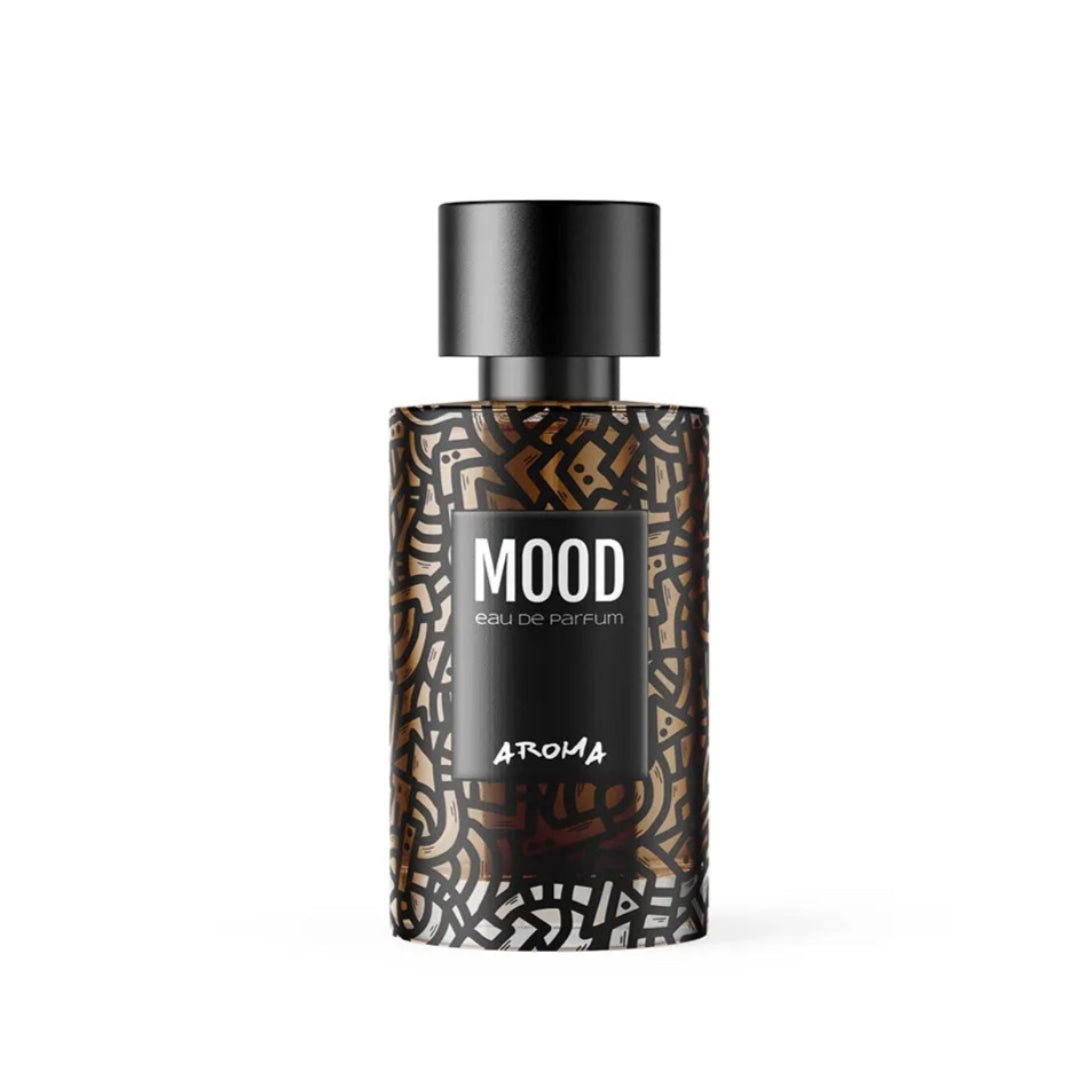 Perfume bottle labeled 'Mood' on a white background