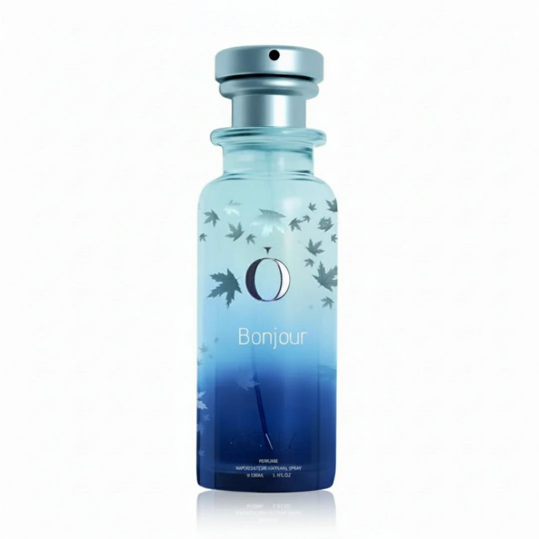 Blue perfume bottle with floral design on a white background