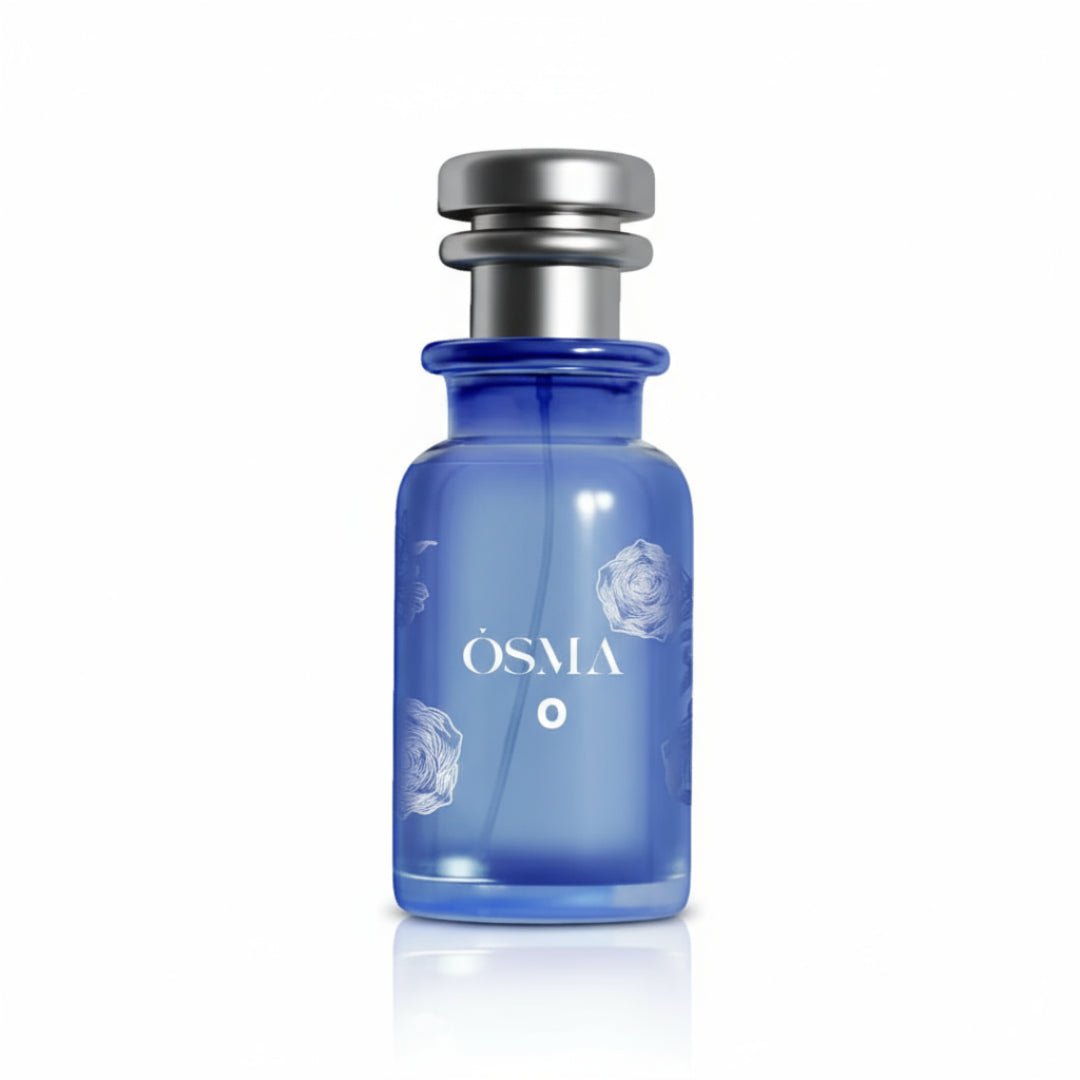 Blue bottle with silver cap on a white background, featuring the brand 'Osmia'.