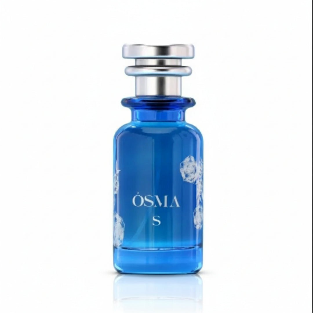 Blue perfume bottle with silver cap on a white background