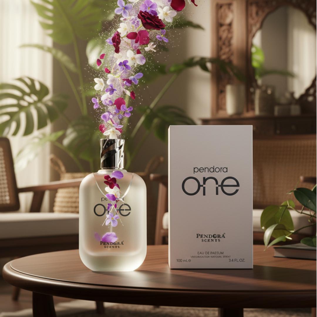 Pendora One perfume bottle and packaging with cityscape background