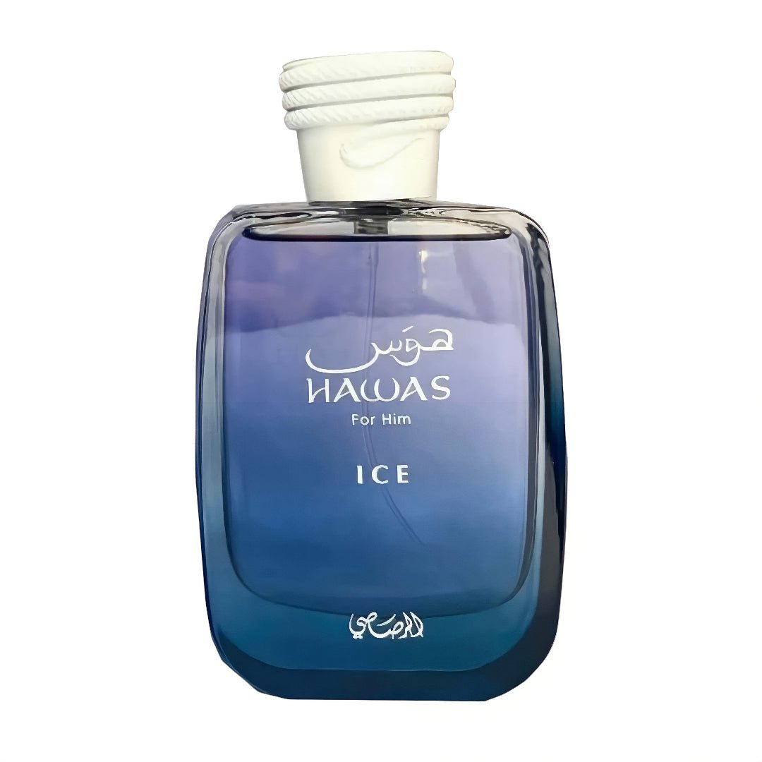 Blue perfume bottle labeled 'Hawas for Him Ice' on a white background