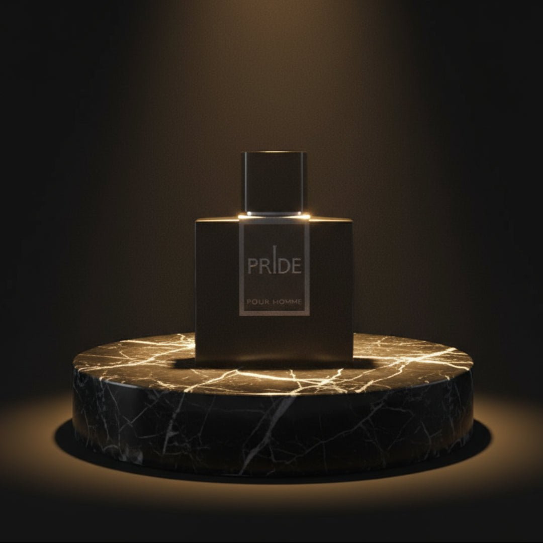 Rue Broca Pride Pour Homme EDP bottle and box marble pedestal spotlight men fragrance Malaysia