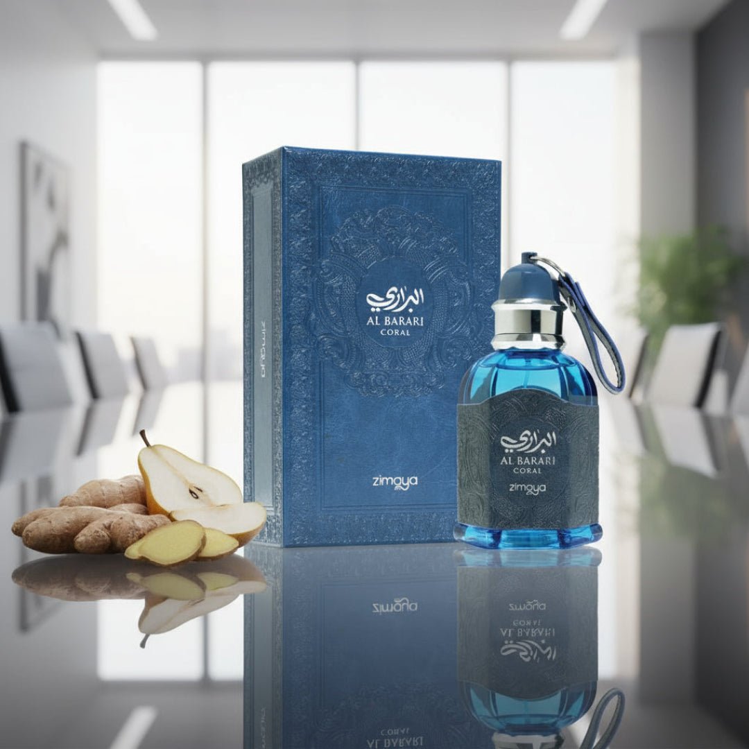 Unisex fragrance bottle on glass boardroom table morning light with pear and ginger – Al Barari Coral Malaysia