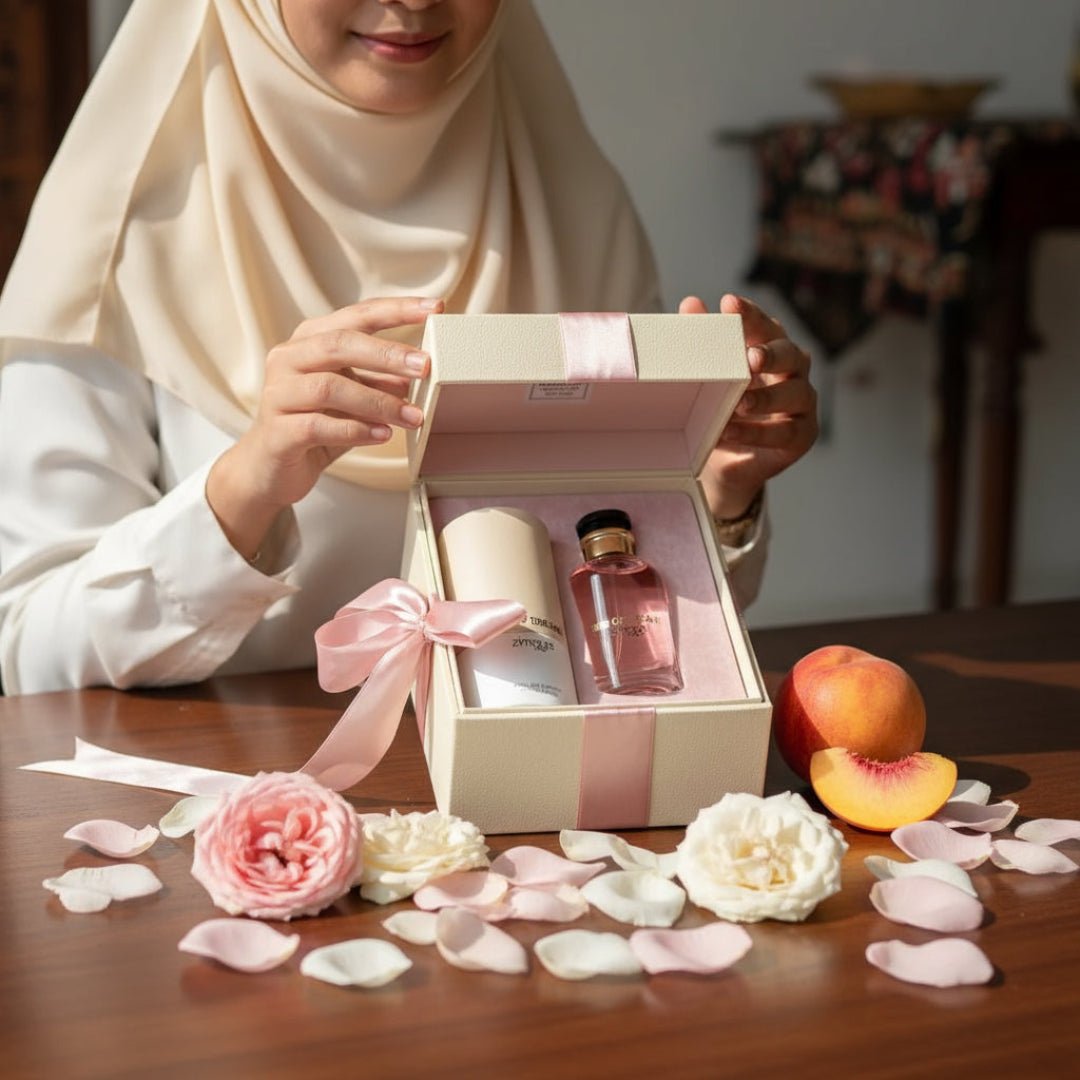 Malay hijabi woman receiving perfume gift box on table with rose petals – Rose of Dreams Malaysia