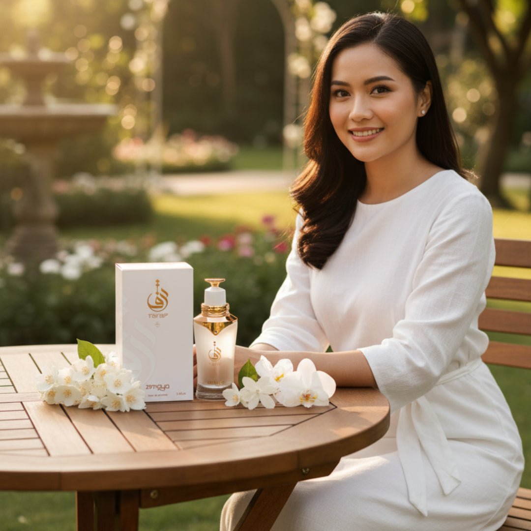 Taraf White by Zimaya perfume bottle in garden with Malay woman white dress jasmine flowers Malaysia